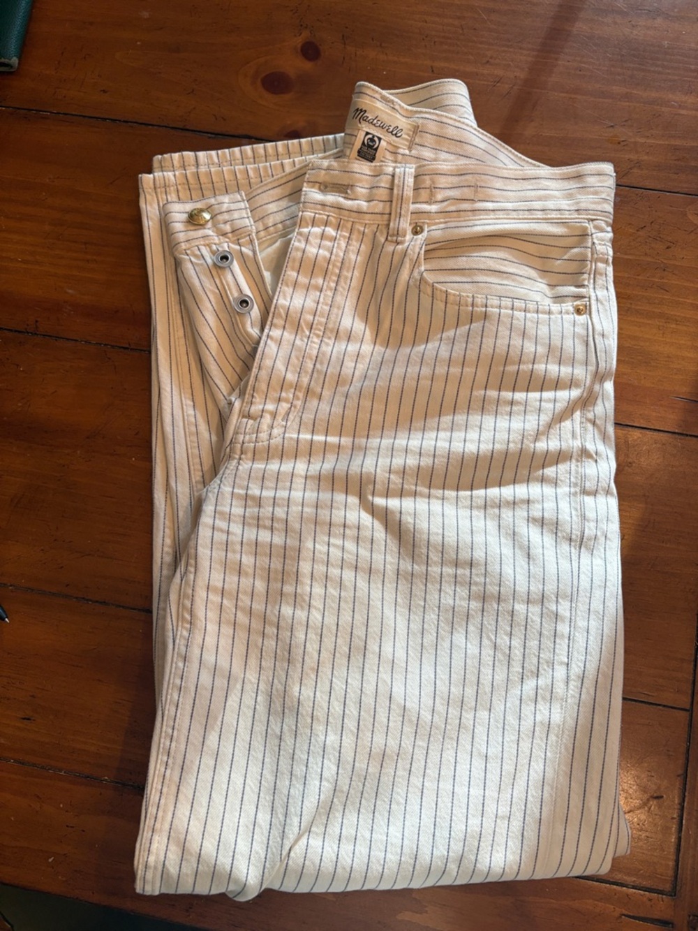 Madewell Cream Jeans with Navy Pinstripes